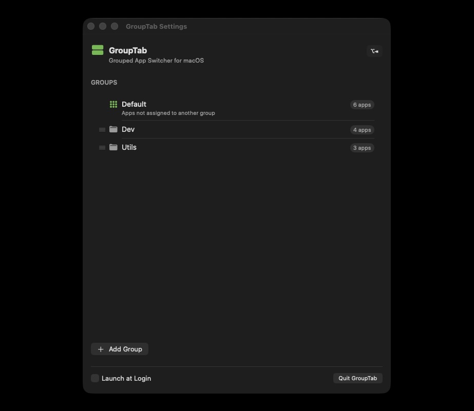 GroupTab settings window